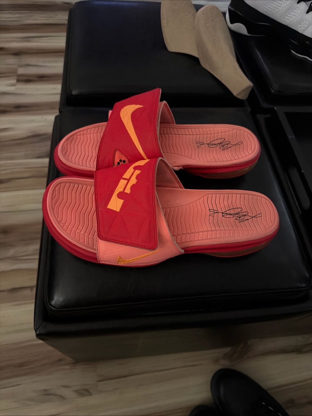 Lebron James Nike Air   Max Red and Coral Slide Sandals with Yellow Swoosh